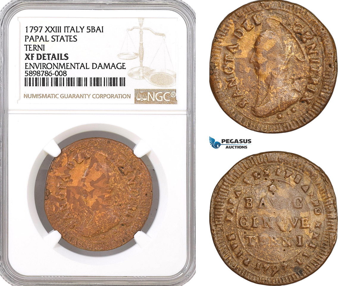 AF392, Italy, Papal, Terni, 5 Baiocchi 1797 XXIII, NGC XF Details, Very Rare!