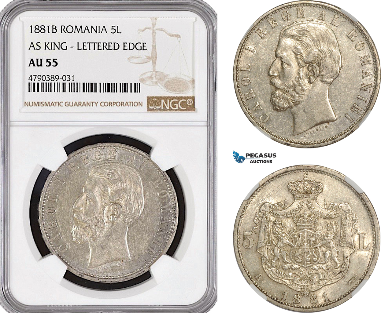 AF404, Romania, Carol I, 5 Lei 1881-B, Bucharest, Silver, As King, 6 Stars Var. NGC AU55, Rare!