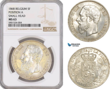 AF425, Belgium, Leopold II, 5 Francs 1868, Brussels, Silver, Position A, Small Head, NGC MS63