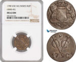 AF444, Netherlands East Indies, VOC, 1 Duit 1790 (1840-43) Utrecht Arms, NGC MS63BN, Pop 1/0