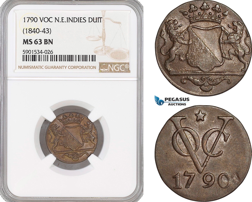 AF444, Netherlands East Indies, VOC, 1 Duit 1790 (1840-43) Utrecht Arms, NGC MS63BN, Pop 1/0