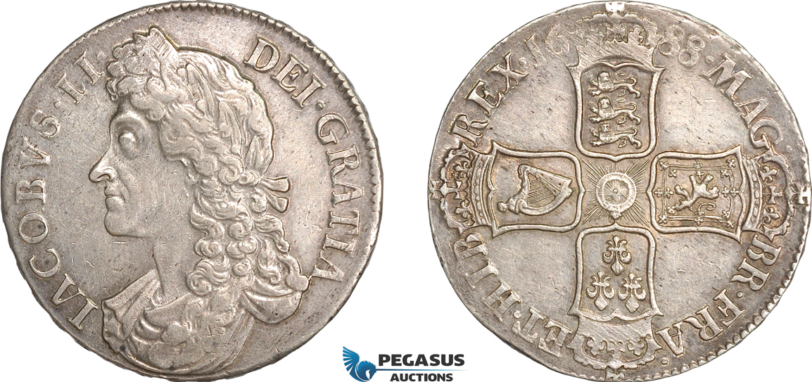 AF486, Great Britain, James II, Crown 1688 "QVARTO" Silver, S-3407, Toned AU
