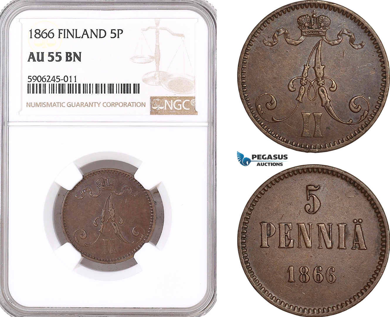 AF563, Finland, Alexander II. of Russia, 5 Penniä 1866, NGC AU55BN