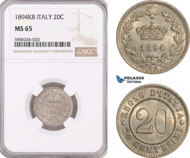 AF574, Italy, Umberto I, 20 Centesimi 1894-KB, Kremnitz, NGC MS65