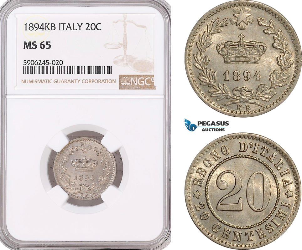 AF574, Italy, Umberto I, 20 Centesimi 1894-KB, Kremnitz, NGC MS65