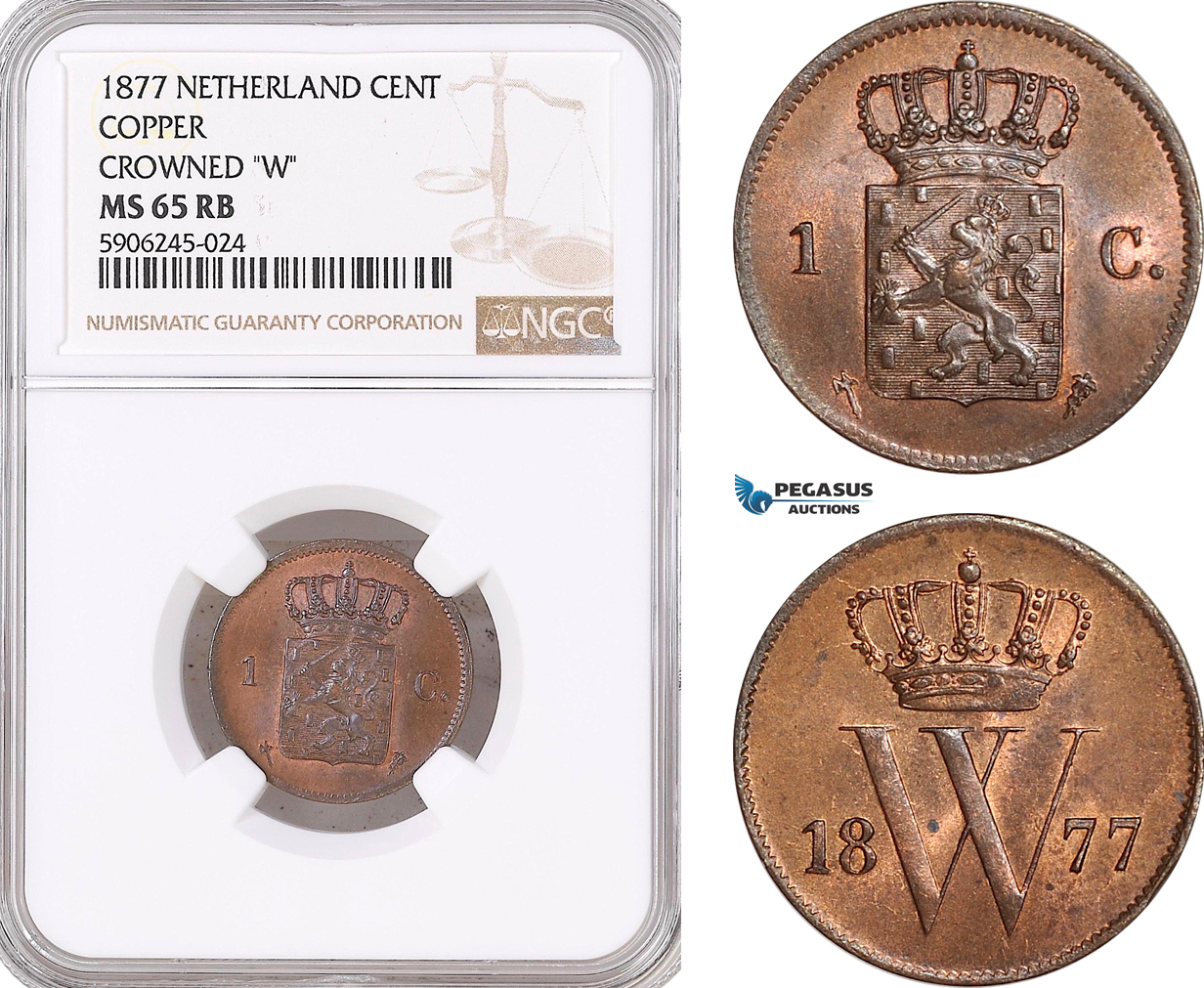 AF585, Netherlands, Willem III, 1 Cent 1877, Utrecht, NGC MS65RB