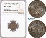 AF596, Netherlands East Indies, 1/2 Cent 1908, Utrecht, NGC MS64BN
