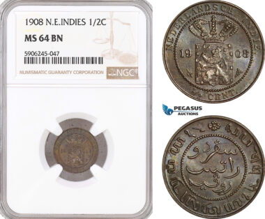 AF596, Netherlands East Indies, 1/2 Cent 1908, Utrecht, NGC MS64BN