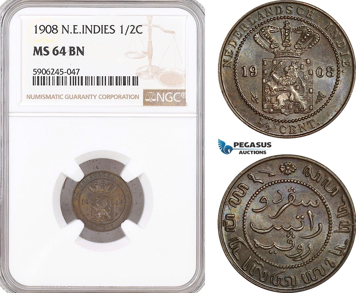 AF596, Netherlands East Indies, 1/2 Cent 1908, Utrecht, NGC MS64BN