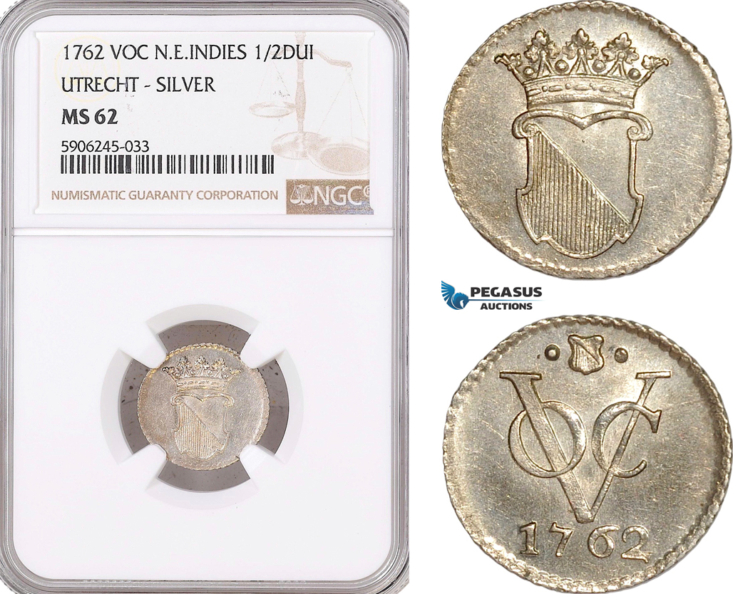 AF599, Netherlands East Indies, VOC, 1/2 Duit 1762, Silver, Utrecht Arms, NGC MS62