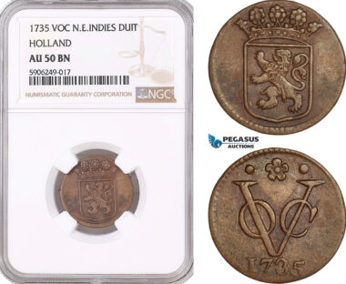 AF601, Netherlands East Indies, VOC, Duit 1735, Holland Arms, NGC AU50BN