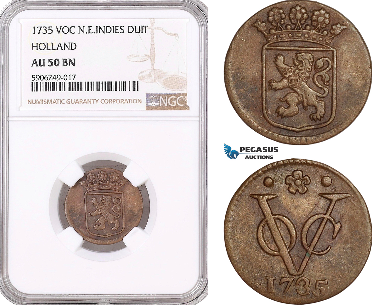 AF601, Netherlands East Indies, VOC, Duit 1735, Holland Arms, NGC AU50BN