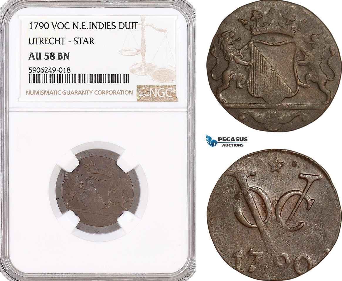 AF610, Netherlands East Indies, VOC, Duit 1790, Utrecht Arms, NGC AU58BN
