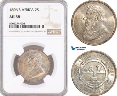 AF636, South Africa (ZAR) 2 Shillings 1896, Pretoria, Silver, NGC AU58