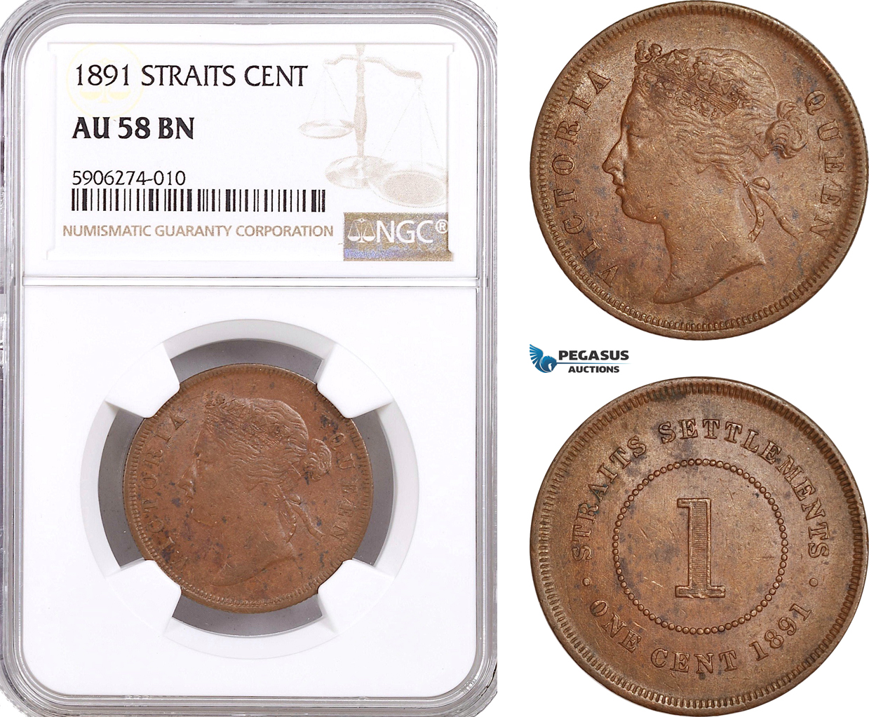 AF638, Straits Settlements, Victoria, 1 Cent 1891, NGC AU58BN