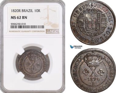 AF654, Brazil, Joao VI, 10 Reis 1820-R, Rio de Janeiro, NGC MS62BN, Pop 1/0