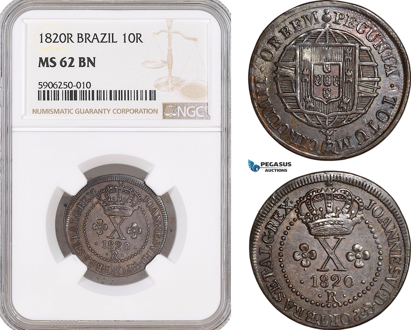 AF654, Brazil, Joao VI, 10 Reis 1820-R, Rio de Janeiro, NGC MS62BN, Pop 1/0