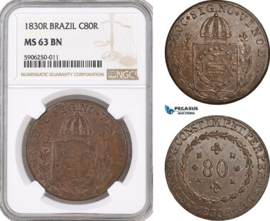 AF655, Brazil, Pedro I, 80 Reis 1830-R, Rio de Janeiro, NGC MS63BN, Pop 3/1