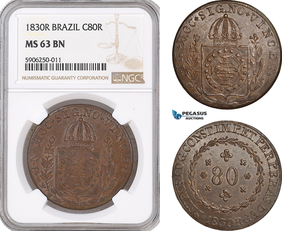AF655, Brazil, Pedro I, 80 Reis 1830-R, Rio de Janeiro, NGC MS63BN, Pop 3/1