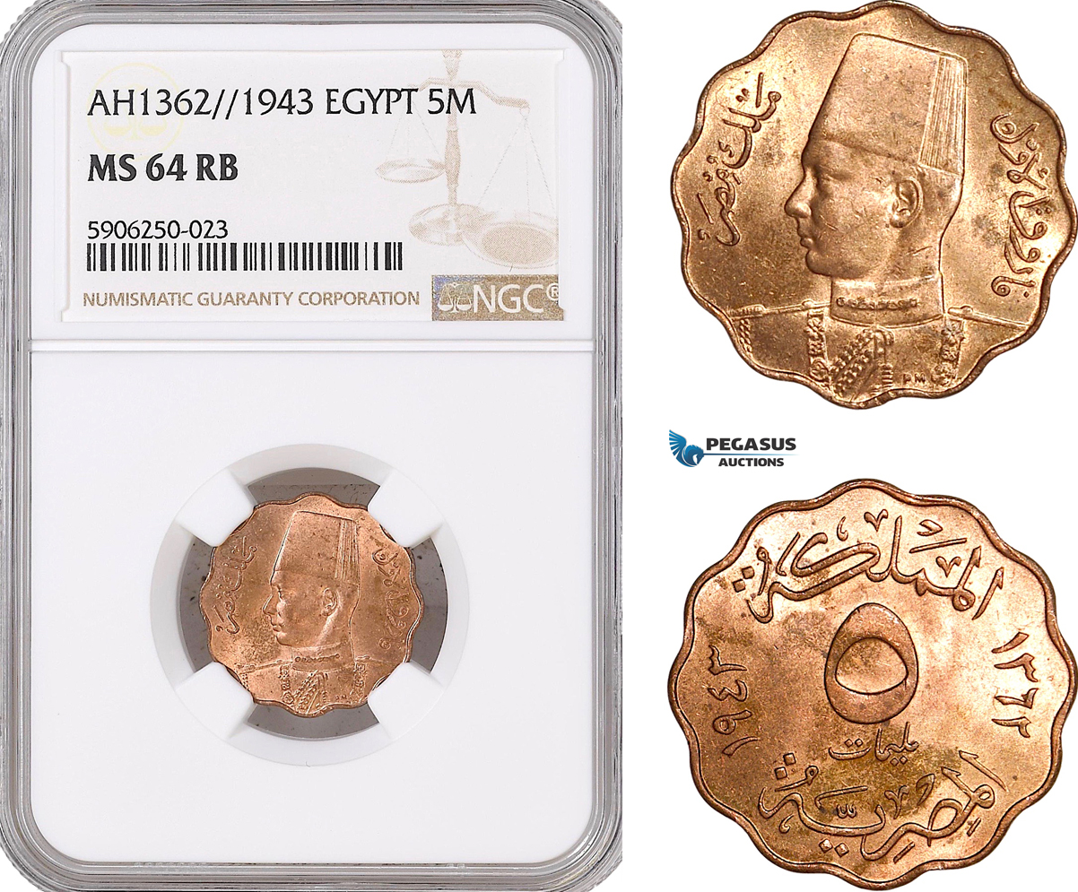 AF667, Egypt, Farouk, 5 Milliemes AH1362 // 1943, NGC MS64RB