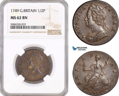 AF681, Great Britain, George II, Half Penny (1/2p) 1749, London, NGC MS62BN