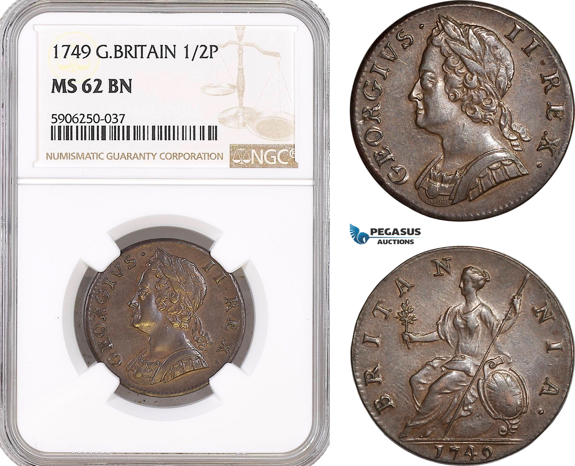 AF681, Great Britain, George II, Half Penny (1/2p) 1749, London, NGC MS62BN