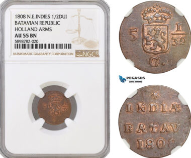 AF695, Netherlands East Indies, Batavian Rep. 1/2 Duit 1809, Holland Arms, NGC AU55BN
