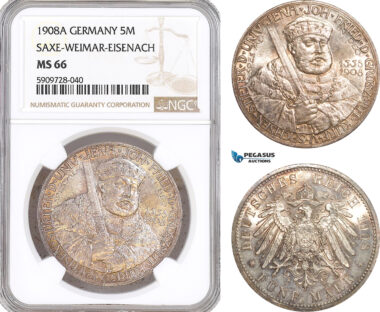 AF709, Germany, Saxe-Weimar-Eisenach, 5 Mark 1908-A, Berlin, Silver, NGC MS66