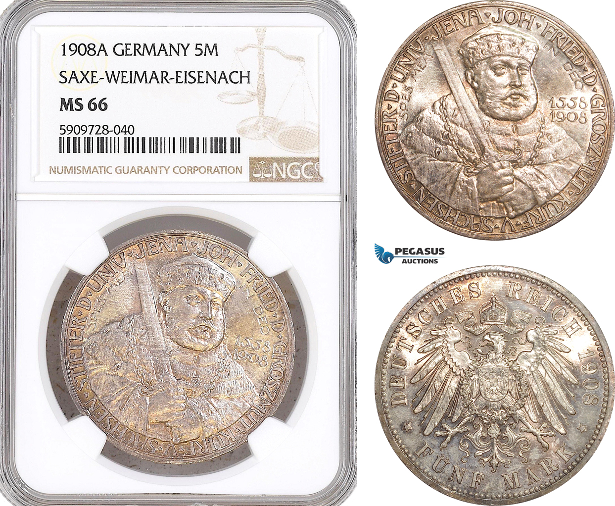 AF709, Germany, Saxe-Weimar-Eisenach, 5 Mark 1908-A, Berlin, Silver, NGC MS66