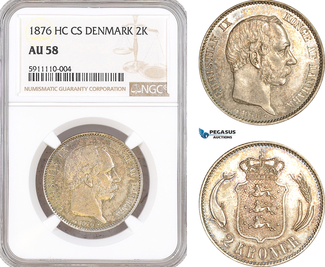 AF741, Denmark, Christian IX, 2 Kroner 1876, Copenhagen, Silver, NGC AU58