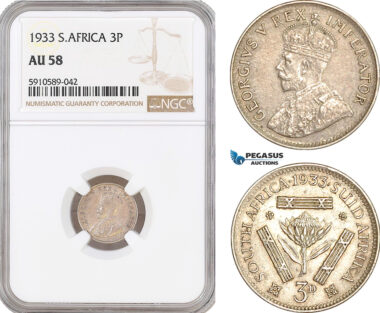 AF803, South Africa (Union) George V, Threepence (3p) 1933, Pretoria, Silver, NGC AU58
