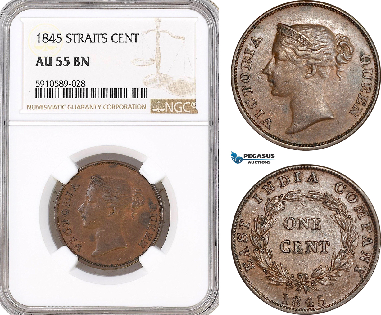 AF806, Straits Settlements, Victoria, 1 Cent 1845, NGC AU55BN