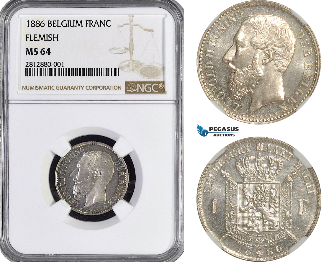 AF836, Belgium, Leopold II, 1 Franc 1886, Brussels, Silver, Flemish Leg. NGC MS64