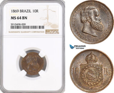 AF838, Brazil, Pedro II, 10 Reis 1869, NGC MS64BN