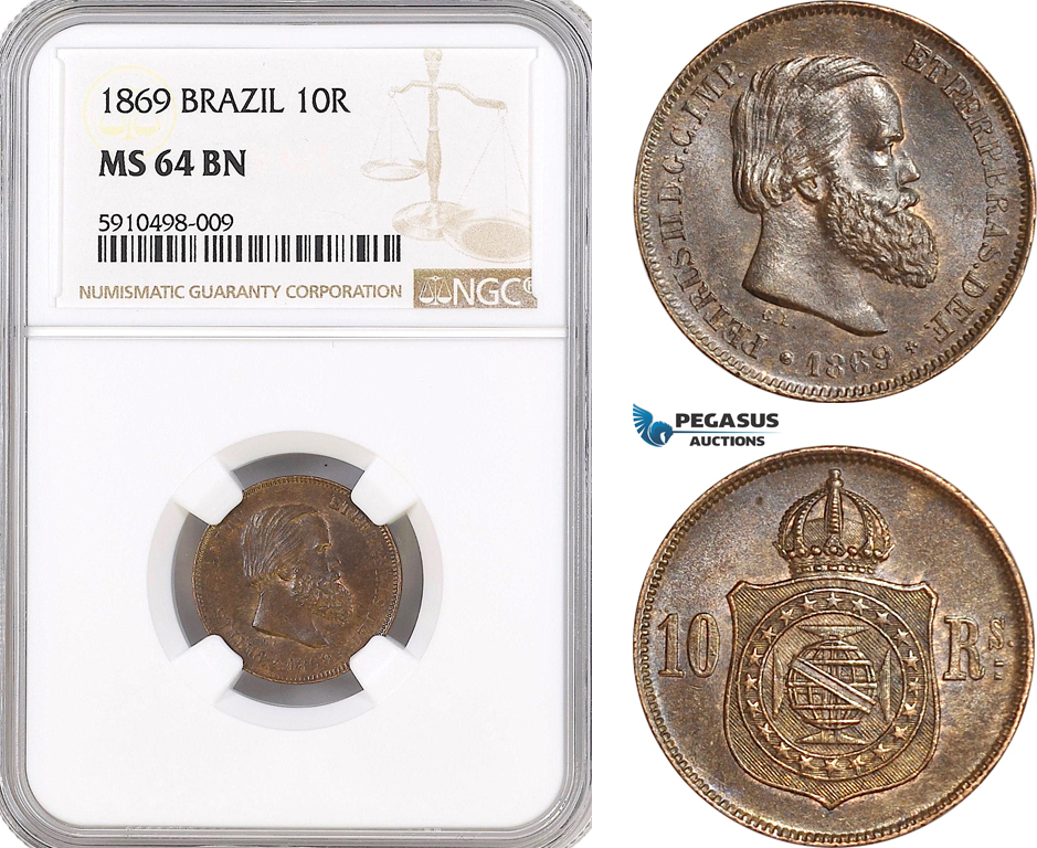 AF838, Brazil, Pedro II, 10 Reis 1869, NGC MS64BN