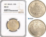 AF839, Brazil, Pedro II, 100 Reis 1871, NGC MS63