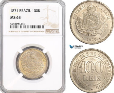 AF839, Brazil, Pedro II, 100 Reis 1871, NGC MS63