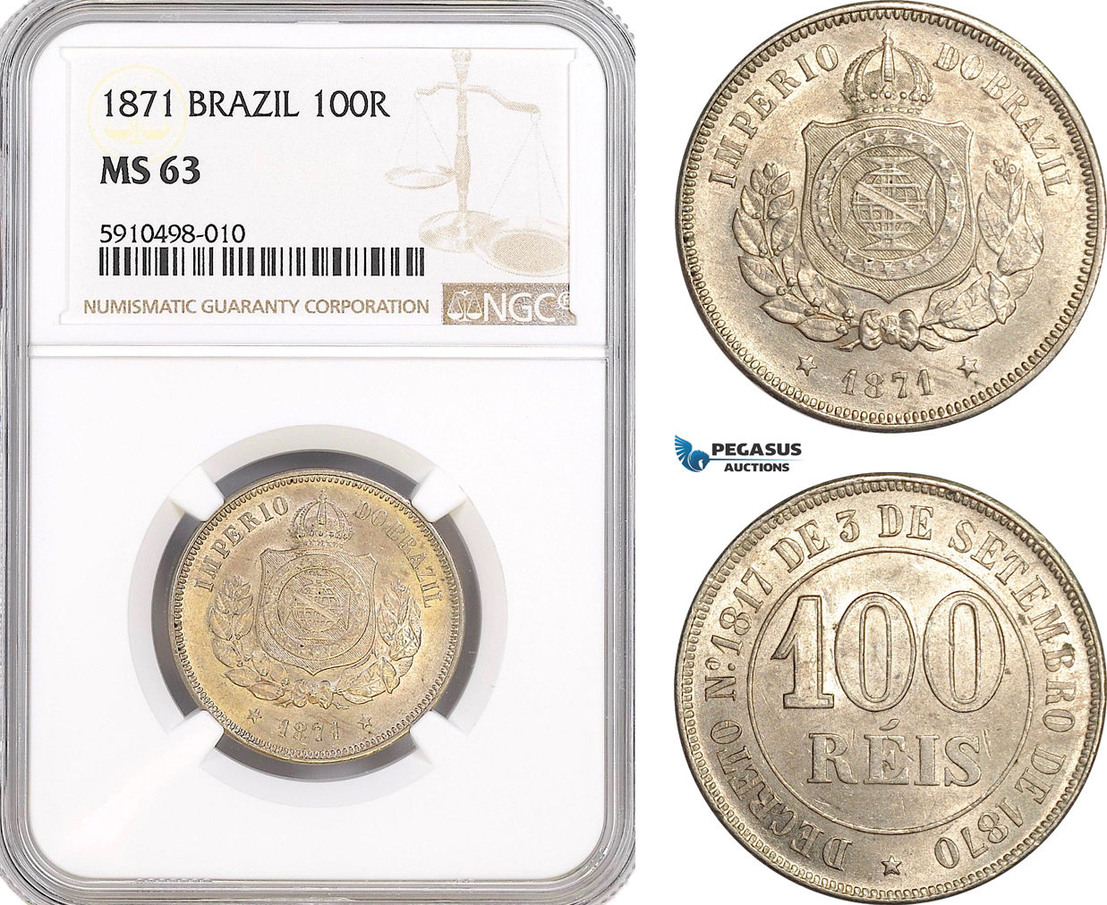 AF839, Brazil, Pedro II, 100 Reis 1871, NGC MS63