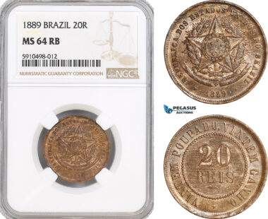 AF841, Brazil, 20 Reis 1889, NGC MS64RB