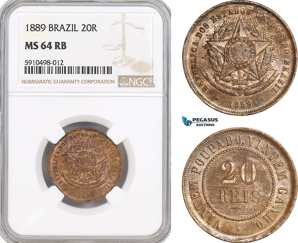 AF841, Brazil, 20 Reis 1889, NGC MS64RB