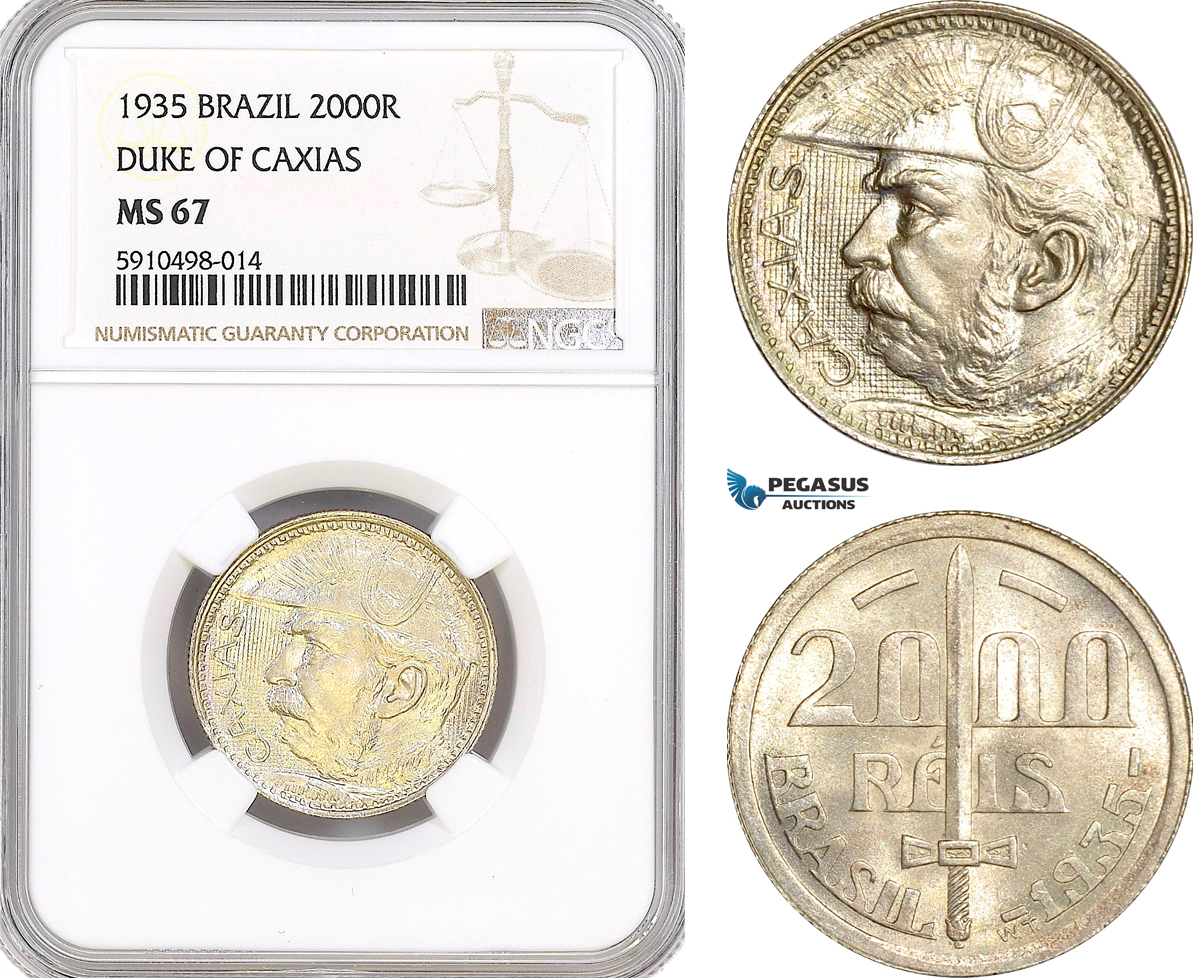 AF843, Brazil, 2000 Reis 1935, Silver, Duke of Caxias, NGC MS67