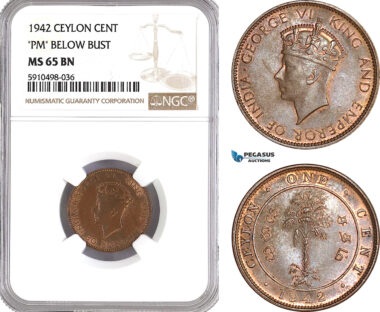 AF860, Ceylon, George VI, 1 Cent 1942, "PM" Below Bust, NGC MS65BN, Pop 2/0