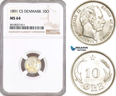 AF874, Denmark, Christian IX, 10 Øre 1891, Copenhagen, Silver, NGC MS64, Pop 5/1