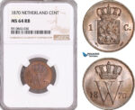 AF951, Netherlands, Willem III, 1 Cent 1870, Utrecht, NGC MS64RB