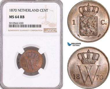 AF951, Netherlands, Willem III, 1 Cent 1870, Utrecht, NGC MS64RB
