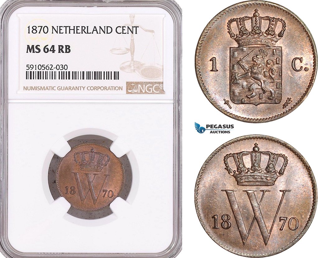 AF951, Netherlands, Willem III, 1 Cent 1870, Utrecht, NGC MS64RB