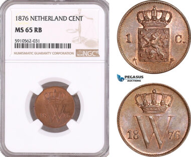 AF952, Netherlands, Willem III, 1 Cent 1876, Utrecht, NGC MS65RB, Pop 2/0 (1/0 as RB)