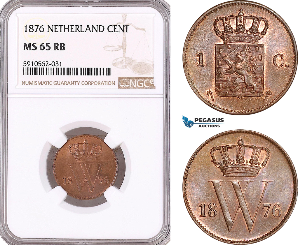 AF952, Netherlands, Willem III, 1 Cent 1876, Utrecht, NGC MS65RB, Pop 2/0 (1/0 as RB)