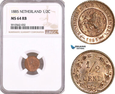 AF953, Netherlands, Willem III, 1/2 Cent 1885, Utrecht, NGC MS64RB
