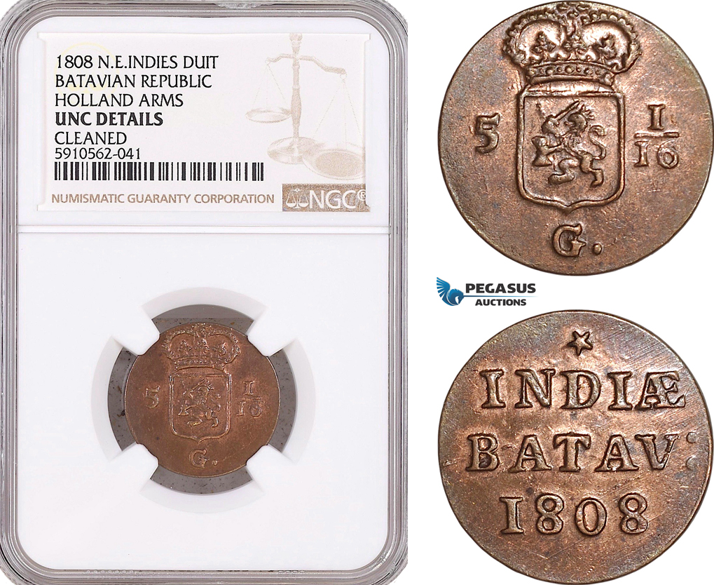 AF957, Netherlands East Indies, Batavian Rep. 1 Duit 1808, Holland Arms, NGC UNC Det.